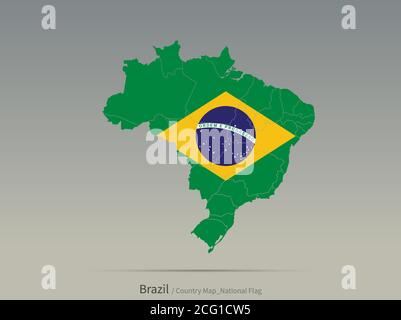 Brasilien Flagge isoliert auf Karte. südamerikanische Länder Karte und Flagge. Stock Vektor
