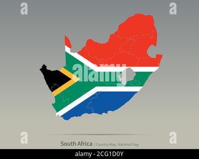 Südafrika Flagge isoliert auf Karte. Afrika Länder Karte und Flagge. Stock Vektor