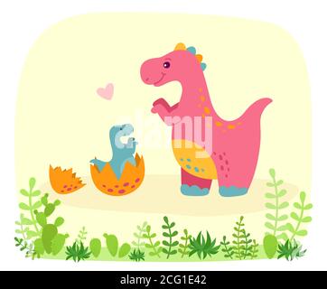Dinosaurier mit Baby Dino, Cartoon-Stil. Lustige Tyrannosaurus rex mit Pflanzen und Kaktus. Bunte niedliche lustige Kinder Illustration. Vektor auf weißem Hintergrund isoliert Stock Vektor