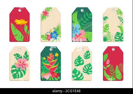 Tags tropische Blätter und Blumen Cartoon-Set. Exotische Pflanzen, Blumenaufkleber. Monstera, Palmen und wilde flache Blumen. Hawaiian Label-Kollektion, handgezeichneter grüner Dschungel. Vektorgrafik Stock Vektor