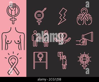Feminismus Bewegung Symbol, weibliche Rechte Freiheit Piktogramm Linie Symbole setzen Vektor Illustration Stock Vektor