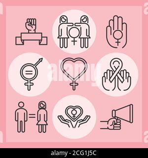 Feminismus Bewegung Symbol, weibliche Rechte Piktogramm Linie Symbole Pack Vektor Illustration Stock Vektor