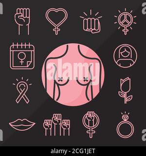Feminismus Bewegung Symbol, Macht weibliche Rechte Piktogramm Linie Symbole setzen Vektor Illustration Stock Vektor