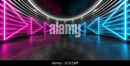 Dunkle Halle mit hellen Neonlichtern. Leeres schwarzes Leerzeichen für Text. Verschwommene Reflexionen auf dem Boden. Abstrakter schwarzer Hintergrund. 3D-Rendering-Bild. Stockfoto