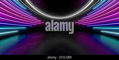 Dunkle Halle mit hellen Neonlichtern. Leeres schwarzes Leerzeichen für Text. Verschwommene Reflexionen auf dem Boden. Abstrakter schwarzer Hintergrund. 3D-Rendering-Bild. Stockfoto