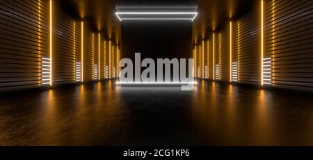 Dunkle Halle mit hellen Neonlichtern. Leeres schwarzes Leerzeichen für Text. Verschwommene Reflexionen auf dem Boden. Abstrakter schwarzer Hintergrund. 3D-Rendering-Bild. Stockfoto