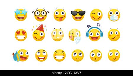 Set von niedlichen Emoticons. Gelbe runde Emoji mit verschiedenen Emotionen, Liebe, Glück, Traurigkeit, Urlaub, trendy, zwinkern. Satz von Zeichen in einem flachen Stil Stock Vektor