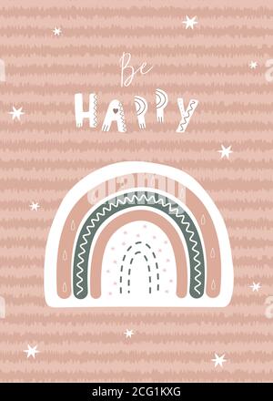 Trendiger Regenbogen im Boho-Stil in verschiedenen Farben. Sei glücklich. Kinder Illustrationen für Poster oder Postkarten. Doodle Art-Element. Moderner Vektor Stock Vektor