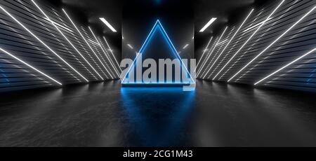 Dunkler Tunnel mit hellblauen Neonlichtern. Leeres schwarzes Leerzeichen für Text. Verschwommene Reflexionen auf dem Boden. Abstrakter schwarzer Hintergrund. 3D-Rendering-Bild. Stockfoto