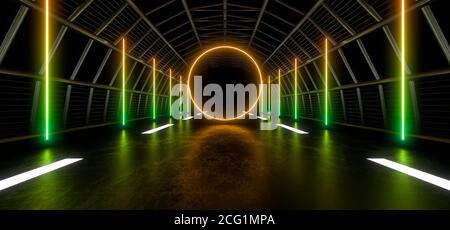 Ein dunkler Tunnel aus Rohren, der von weißen Neonlichtern und Lampen beleuchtet wird. Verschwommene Spiegelung auf dem Boden. 3d-Rendering-Bild. Stockfoto