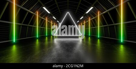 Ein dunkler Tunnel aus Rohren, der von weißen Neonlichtern und Lampen beleuchtet wird. Verschwommene Spiegelung auf dem Boden. 3d-Rendering-Bild. Stockfoto