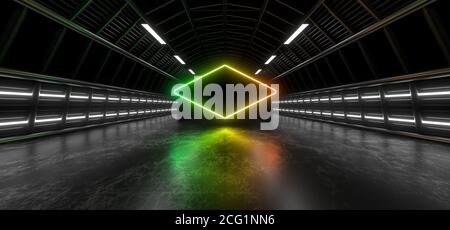 Ein dunkler Tunnel aus Rohren, der von weißen Neonlichtern und Lampen beleuchtet wird. Verschwommene Spiegelung auf dem Boden. 3d-Rendering-Bild. Stockfoto