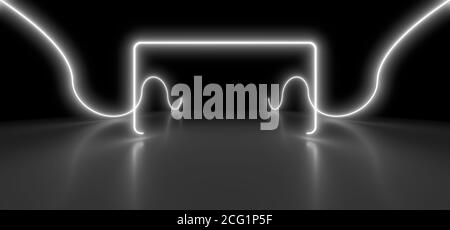 Farbige leuchtende geometrische Form auf schwarzem Hintergrund. Verschwommene Spiegelung auf dem Boden. 3d-Rendering-Bild. Stockfoto