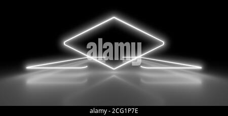 Farbige leuchtende geometrische Form auf schwarzem Hintergrund. Verschwommene Spiegelung auf dem Boden. 3d-Rendering-Bild. Stockfoto