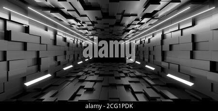 Ein dunkler Korridor, der von farbenfrohen Neonlichtern beleuchtet wird. Reflexionen auf dem Boden und an den Wänden. Leerer Hintergrund in der Mitte. 3d-Rendering-Bild. Stockfoto