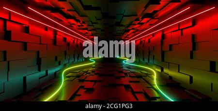 Ein dunkler Korridor, der von farbenfrohen Neonlichtern beleuchtet wird. Reflexionen auf dem Boden und an den Wänden. Leerer Hintergrund in der Mitte. 3d-Rendering-Bild. Stockfoto