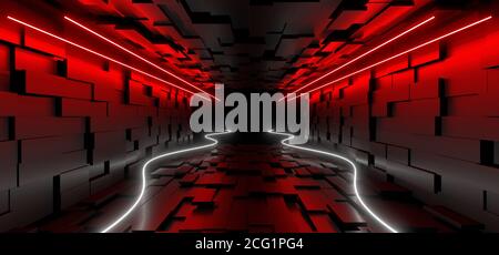 Ein dunkler Korridor, der von farbenfrohen Neonlichtern beleuchtet wird. Reflexionen auf dem Boden und an den Wänden. Leerer Hintergrund in der Mitte. 3d-Rendering-Bild. Stockfoto