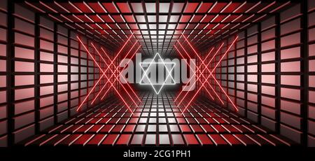 Ein dunkler Korridor, der von farbenfrohen Neonlichtern beleuchtet wird. Reflexionen auf dem Boden und an den Wänden. Leerer Hintergrund in der Mitte. 3d-Rendering-Bild. Stockfoto