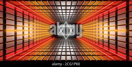 Ein dunkler Korridor, der von farbenfrohen Neonlichtern beleuchtet wird. Reflexionen auf dem Boden und an den Wänden. Leerer Hintergrund in der Mitte. 3d-Rendering-Bild. Stockfoto