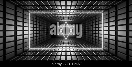 Ein dunkler Korridor, der von farbenfrohen Neonlichtern beleuchtet wird. Reflexionen auf dem Boden und an den Wänden. Leerer Hintergrund in der Mitte. 3d-Rendering-Bild. Stockfoto