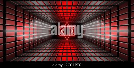 Ein dunkler Korridor, der von farbenfrohen Neonlichtern beleuchtet wird. Reflexionen auf dem Boden und an den Wänden. Leerer Hintergrund in der Mitte. 3d-Rendering-Bild. Stockfoto