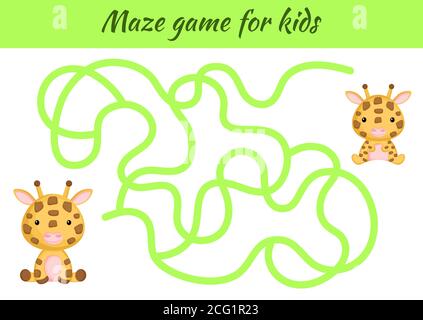 Lustige Labyrinth oder Labyrinth-Spiel für Kinder. Helfen Sie der Mutter, den Weg zum Baby zu finden. Arbeitsblatt zur Entwicklung von Schulungen. Aktivitätsseite. Cartoon Giraffe Figuren. Stock Vektor