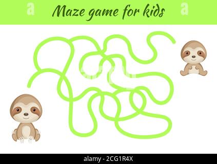 Lustige Labyrinth oder Labyrinth-Spiel für Kinder. Helfen Sie der Mutter, den Weg zum Baby zu finden. Arbeitsblatt zur Entwicklung von Schulungen. Aktivitätsseite. Cartoon Faultier Zeichen. Stock Vektor