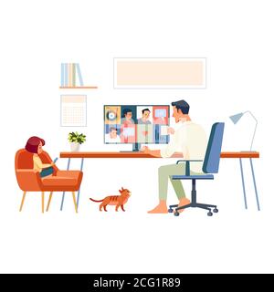 Arbeiten zu Hause. Vater und Schulmädchen arbeiten von zu Hause aus, nutzen Internet und E-Learning. Geschäftsmann mit Gruppe von Kollegen in der Videokonferenz in Stock Vektor