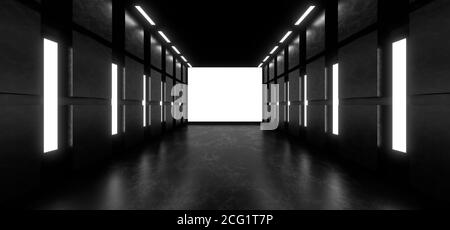 Ein dunkler Korridor, der von weißen Neonlichtern beleuchtet wird. Reflexionen auf dem Boden und an den Wänden. Leerer Hintergrund in der Mitte. 3d-Rendering-Bild. Stockfoto