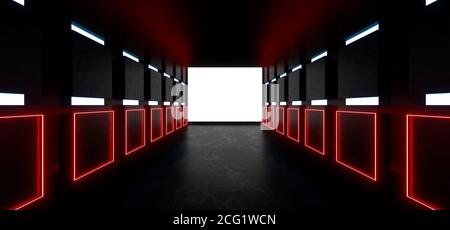 Ein dunkler Korridor, der von farbenfrohen Neonlichtern beleuchtet wird. Reflexionen auf dem Boden und an den Wänden. Leerer Hintergrund in der Mitte. 3d-Rendering-Bild. Stockfoto