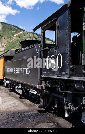 Die Lokomotive 480 ist eine ursprünglich gebaute Dampflokomotive der K-36 Klasse Für die Denver und Rio Grand Railroad in 1925 und Jetzt gehört der Durango und Silverto Stockfoto