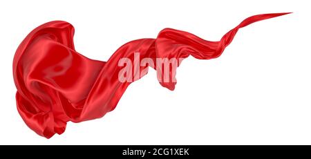 Schön fließendes Gewebe im Wind fliegen. Rot gewellte Seide oder Satin. Abstraktes Element für Design. 3D-Rendering-Bild. Bild auf weißem Hintergrund isoliert Stockfoto