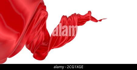 Schön fließendes Gewebe im Wind fliegen. Rot gewellte Seide oder Satin. Abstraktes Element für Design. 3D-Rendering-Bild. Bild auf weißem Hintergrund isoliert Stockfoto