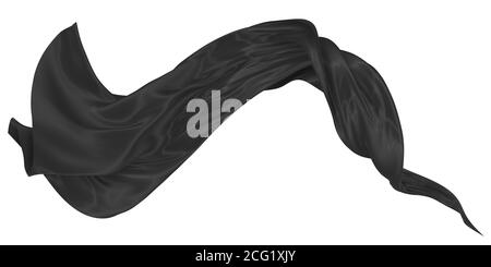 Schön fließendes Gewebe im Wind fliegen. Schwarz gewellte Seide oder Satin. Abstraktes Element für Design. 3D-Rendering-Bild. Bild auf weißem Hintergrund isoliert Stockfoto