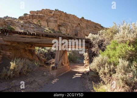 Die Geisterstadt Sego wurde 1910 als Kohlebergbaustadt in Sego Canyon, Utah, gegründet, um der Eisenbahn in Thompson Springs, fünf Meilen (8 km), Kohle zu liefern Stockfoto