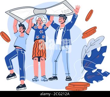 Familienbudget und Geldwirtschaft mit Menschen mit Banknote. Stock Vektor