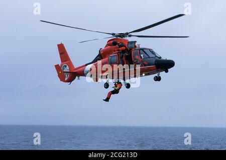 AST3 Roberto Ochoa wird vom USGC MH-6567 Hubschrauber nach unten gehisst. USCGC CAMPBELL wagte sich mit der HDMS KNUD RASMUSSEN in die Disko Bay für gemeinsame Helikoptertrainingsübungen. Disko Bay ist bekannt für seine starke Konzentration an großen Eisbergen, die vor dem Jacobshavn-Gletscher abkalben. Der Jacoshavn-Gletscher ist der Hauptfaktor für Eisberge in Baffin Bay und der Labradorsee. CAMPBELL navigierte sicher die schwere Konzentration von schwimmenden Eis, Eisberge von der Größe professioneller Sportstadien und startete ihr OTH-Cutter-Boot zum Training. CAMPBELL startete auch ihren MH-65 Hubschrauber Stockfoto