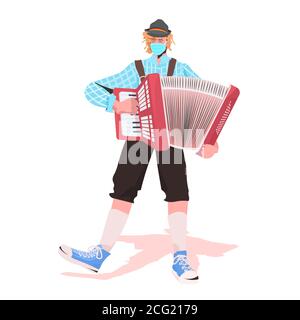 Musiker spielen Akkordeon auf Volksfest führen Musik Oktoberfest Party Feier Konzept Mann in deutscher traditioneller Kleidung mit Spaß voll Länge isolierte Vektordarstellung Stock Vektor