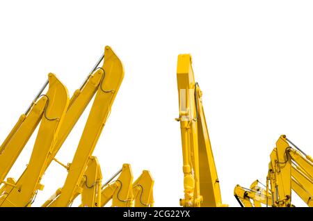 Gelbe Tieflöffel mit hydraulischen Kolben arm isoliert auf Weiss. Schwere Maschine für die Ausgrabung in der Baustelle. Hydraulische Maschinen. Riesige bulldozer. Stockfoto