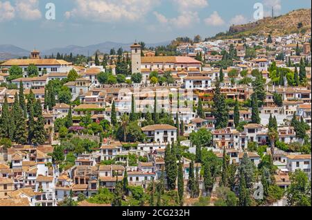 Granada - das Aussehen der Albaicín Viertel von Alhambra-Palast. Stockfoto