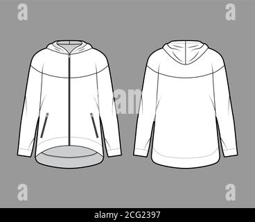 Reißverschluss Oversized Baumwoll-Fleece Hoodie technische Mode Illustration mit Reißverschluss Paspeltaschen, lockere Passform, lange Ärmel. Flache Jumper Schablone vorne, hinten, weiße Farbe. Damen, Herren Sweatshirt TOP CAD Stock Vektor