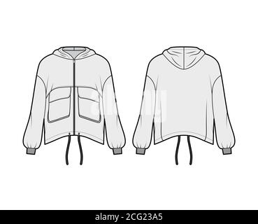 Kapuzenjacke mit Reißverschluss und Panel-Design, technische Mode-Illustration mit praktischen Pattentaschen, übergroßen, langen Ärmeln und Kordelzug am Saum. Flatcoat Vorlage vorne zurück grau Farbe. Damen, Herren, Unisex TOP CAD Stock Vektor