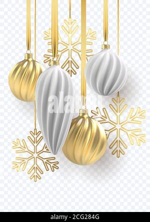 2021 Frohes neues Jahr. Weihnachtsbaum Spielzeug aus Silber und Gold, Spiralkugeln und Schneeflocken auf transpent Hintergrund. Vektorgrafik. Stock Vektor