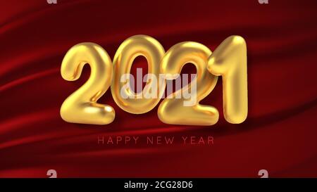Frohes neues Jahr. 3D realistische goldene Inschrift Ballon 2021 auf rotem Seidenhintergrund. Vektorgrafik. Stock Vektor