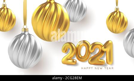 2021 Frohes neues Jahr. Weihnachtsbaum Spielzeug aus Silber und Gold, Spiralkugeln in weißem Hintergrund. Vektorgrafik. Stock Vektor