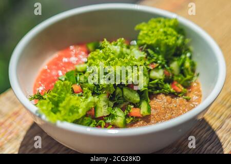 Roher veganer Salat mit grünen Blättern Gemüse in einer weißen Schüssel mischen. Kochen Rezept Blended Tomate Karotte, Petersilie Koriander Dill Grün Gurke, Basilikum Stockfoto