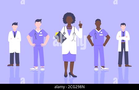 Medizinisches Personal Arzt Team mit Gesichtsmasken Klinik Mitarbeiter Vektor Illustration. Stock Vektor