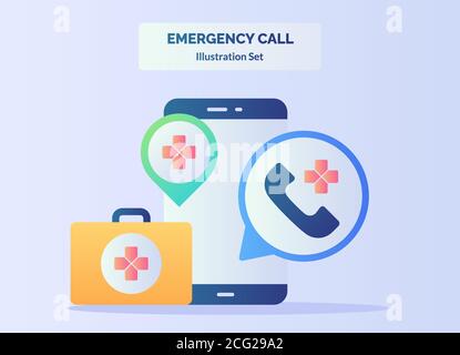 Notruf Illustration Set Smartphone Hintergrund der roten Kreuz Anruf Telefon Koffer Punkt Position mit flachen Farbe Stil. Stock Vektor