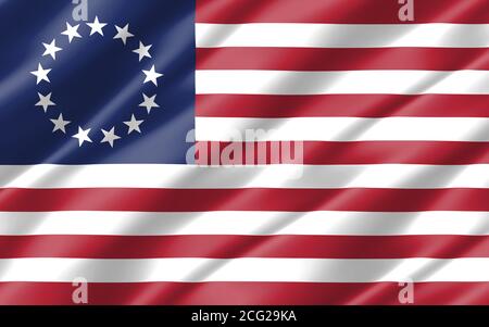 Seide gewellte Flagge der Vereinigten Staaten Grafik. Wellenförmige Darstellung der amerikanischen Flagge. Die gekräuselte US-Länderflagge ist ein Symbol für Freiheit, Patriotismus und in Stockfoto