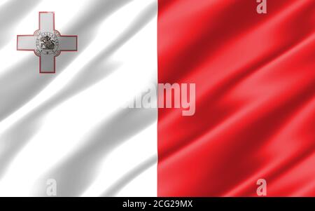 Seide gewellte Flagge von Malta Grafik. Wellenförmige Darstellung der maltesischen Flagge. Die gekräuselte Malta-Landesflagge ist ein Symbol für Freiheit, Patriotismus und Unabhängigkeit. Stockfoto